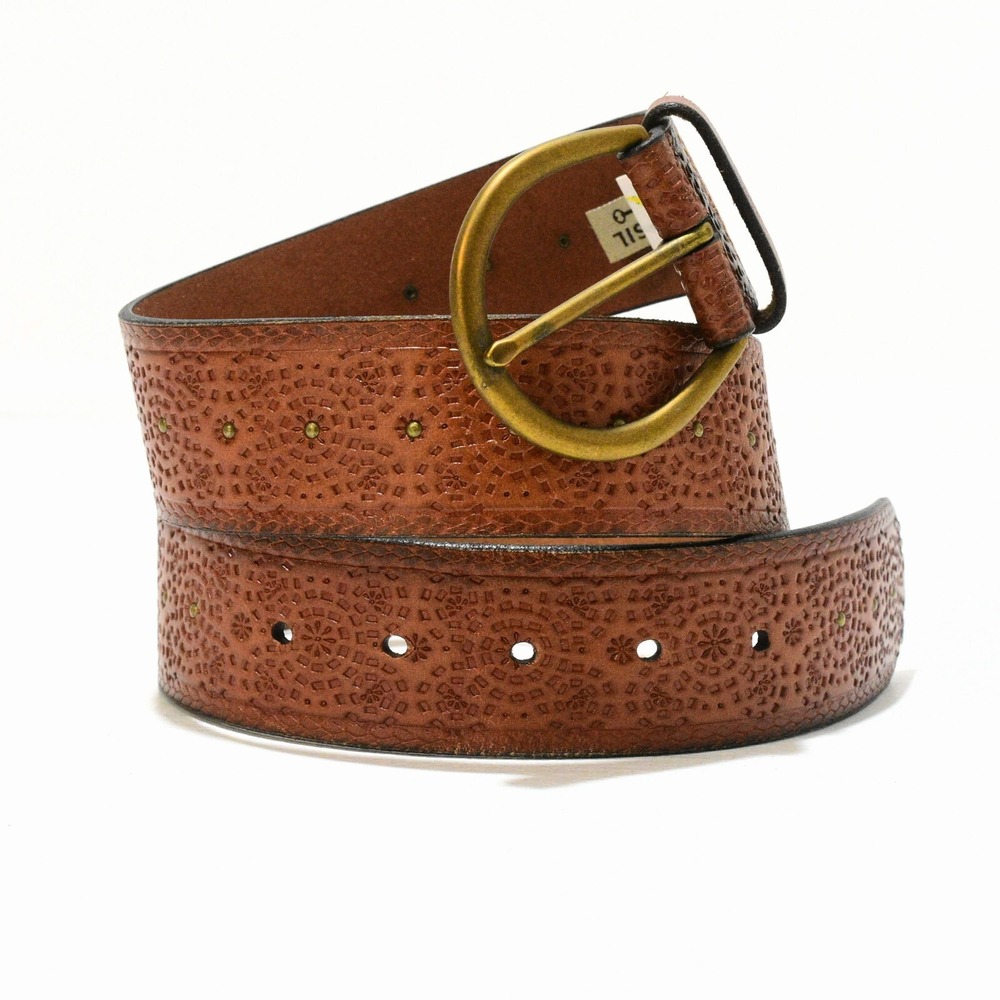Womens Fossil Stamped Leather Belt Amber Antique Brass Studs & Buckle Size Large